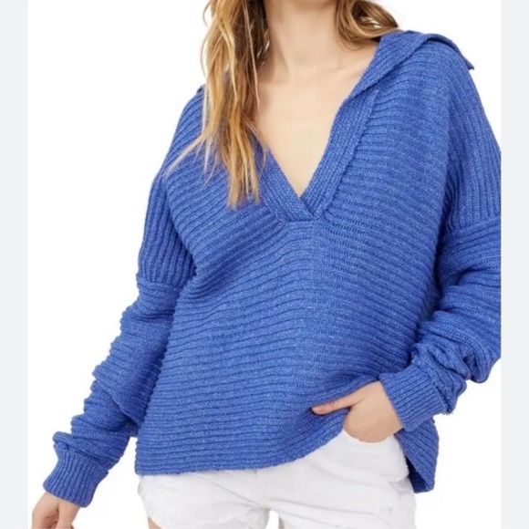 Free People Marley collared cropped oversize V-neck Blue sweater MSRP $128 Sz S - Picture 1 of 6